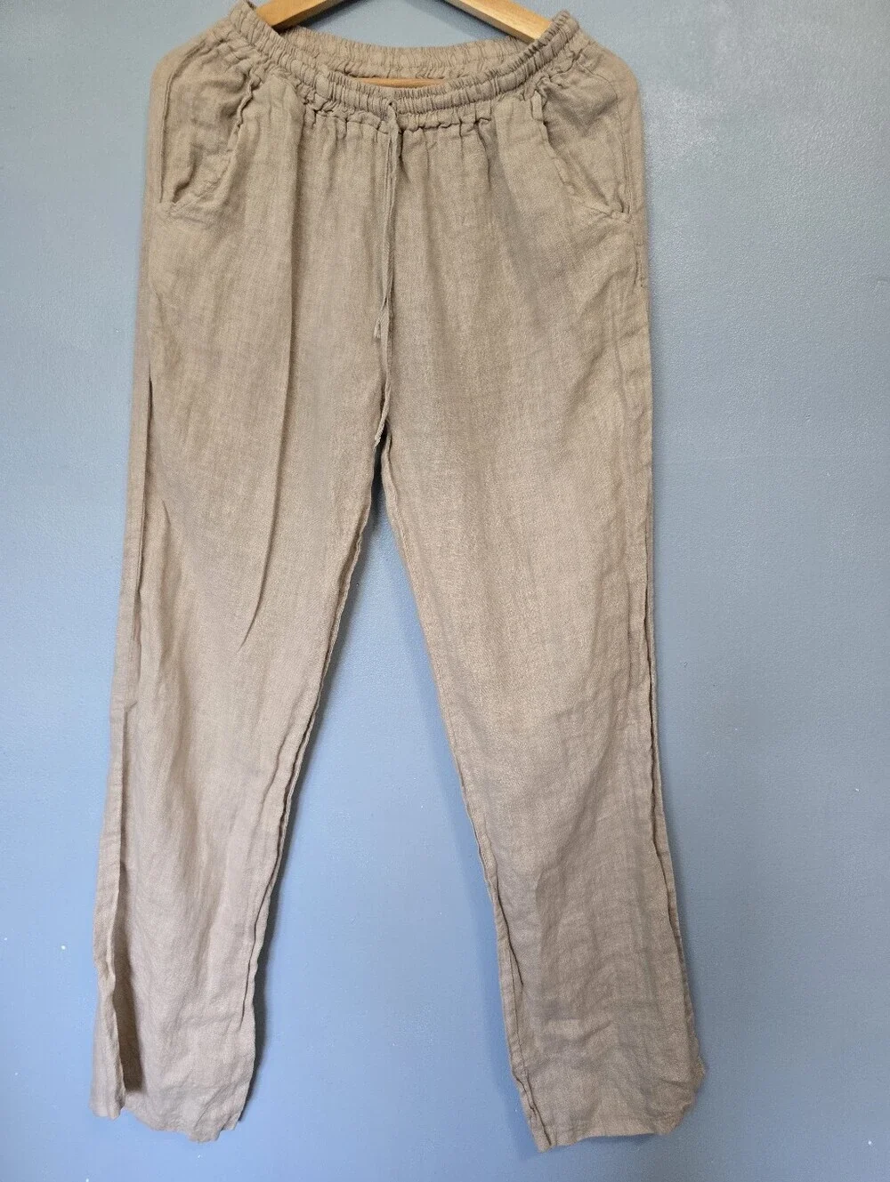 Made In Italy Women's Pull-on Linen Drawstring Pants Beige Waist 25/26